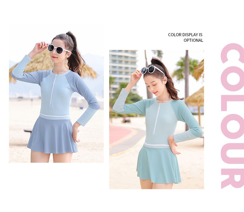 大童女孩運動風長袖連身裙泳衣-拼色款-藍色