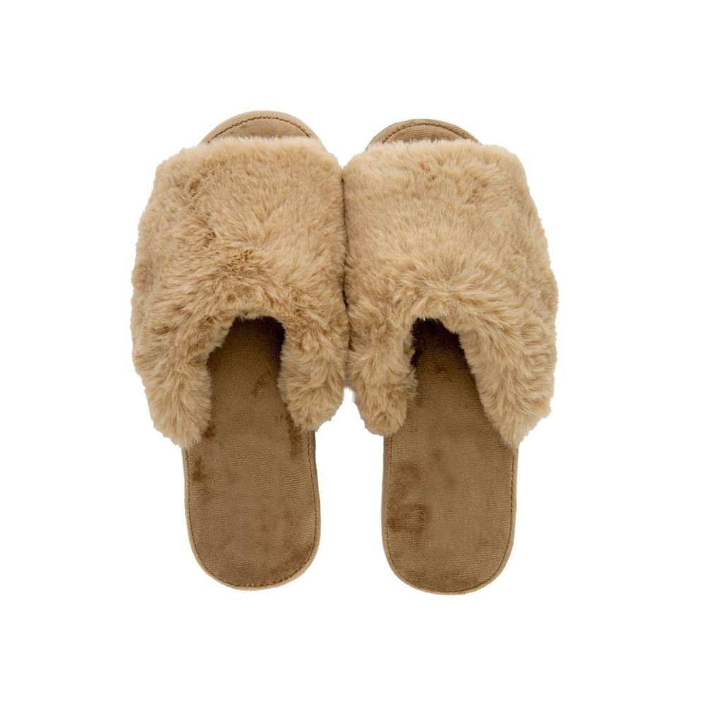 日本千趣會 - 華麗刷毛楔型保暖室內拖鞋-杏 (23-24.5cm)