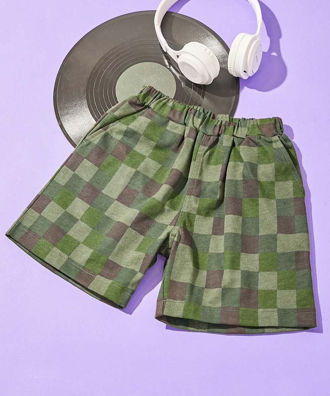 日本 devirock - 夏日印花純棉寬版短褲-植物與鳥-淺米棕