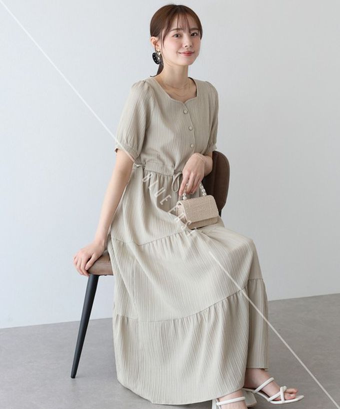 日本 BLUE EAST - 桃心領氣質分層短袖洋裝-海軍藍 ((長版))