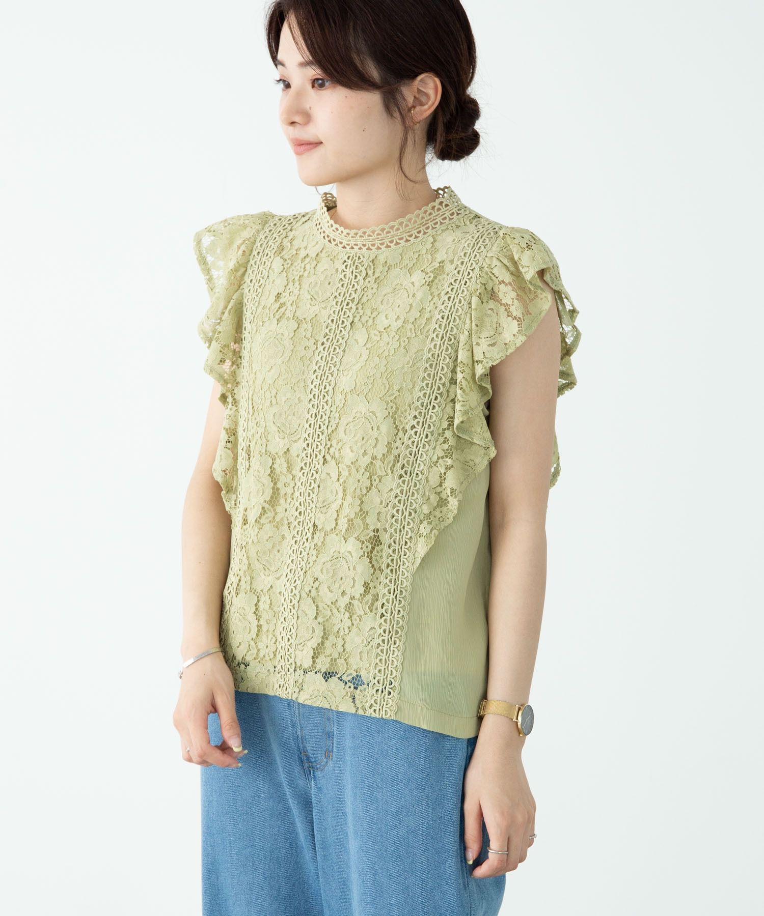 日本 ELENCARE DUE - 浪漫蕾絲無袖上衣-白