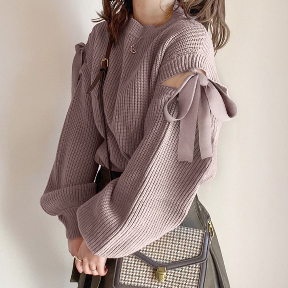 甜美開袖蝴蝶結針織上衣-星塵粉 (F)