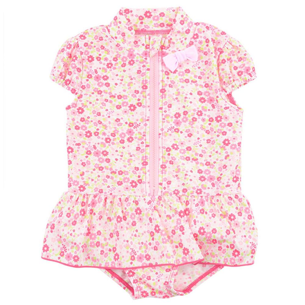 akachan honpo - 幼兒短袖連身泳衣-花-粉紅色