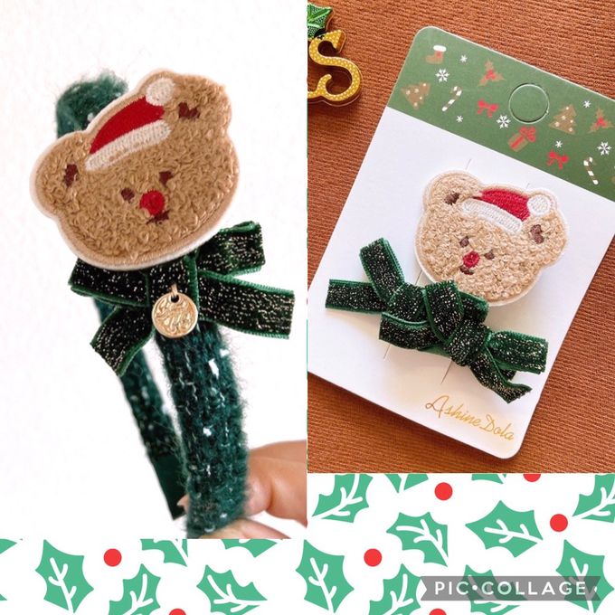 Love, Charlotte - 聖誕小熊質感毛巾繡髮箍髮夾組合-3件一套-卡通小熊款(綠色)-袋裝