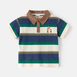 WELLKIDS - 純棉休閒翻領短袖上衣-刺繡小熊-綠咖條紋