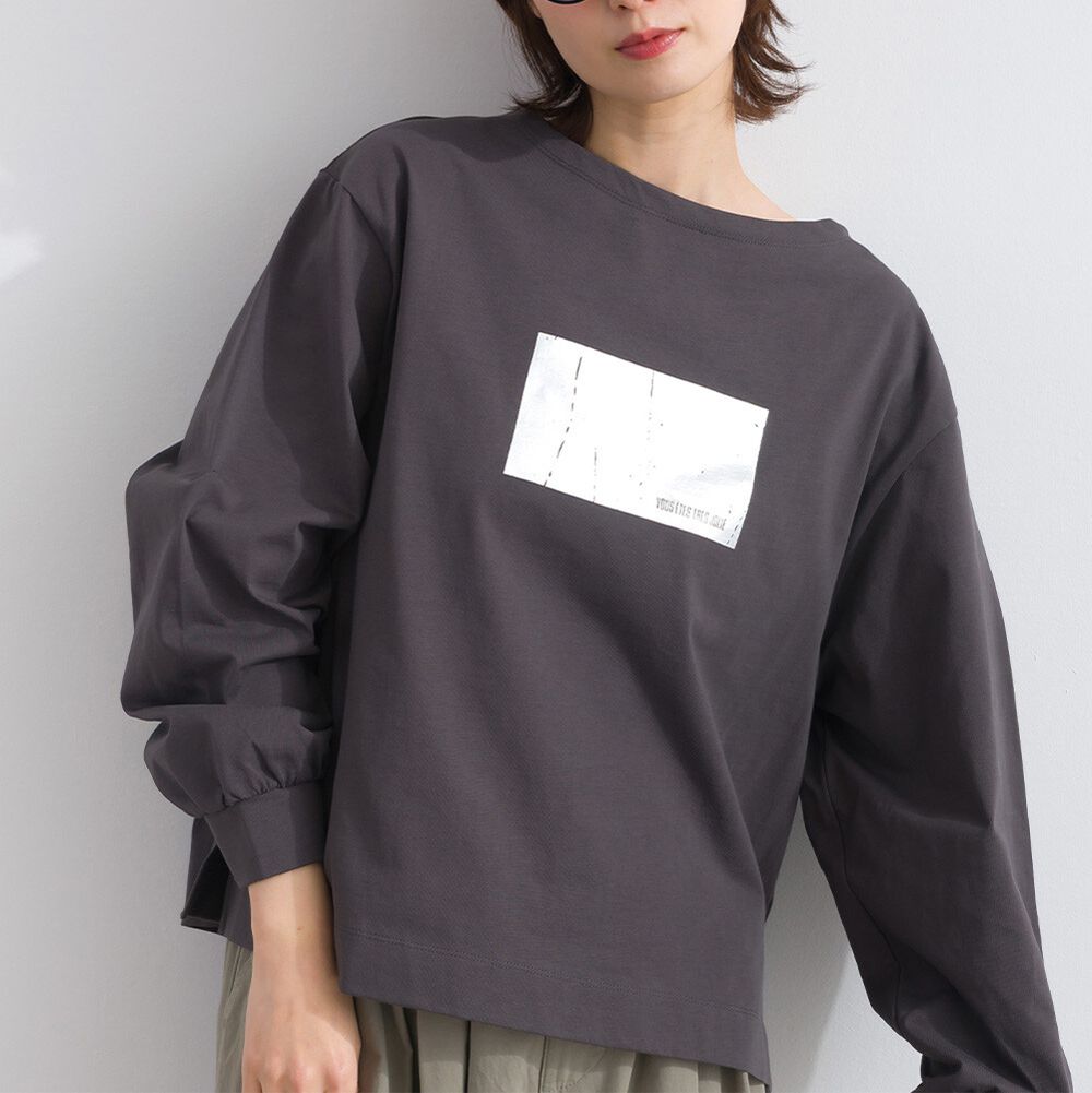 100%棉 光澤感銀箔裝飾長袖上衣-炭灰