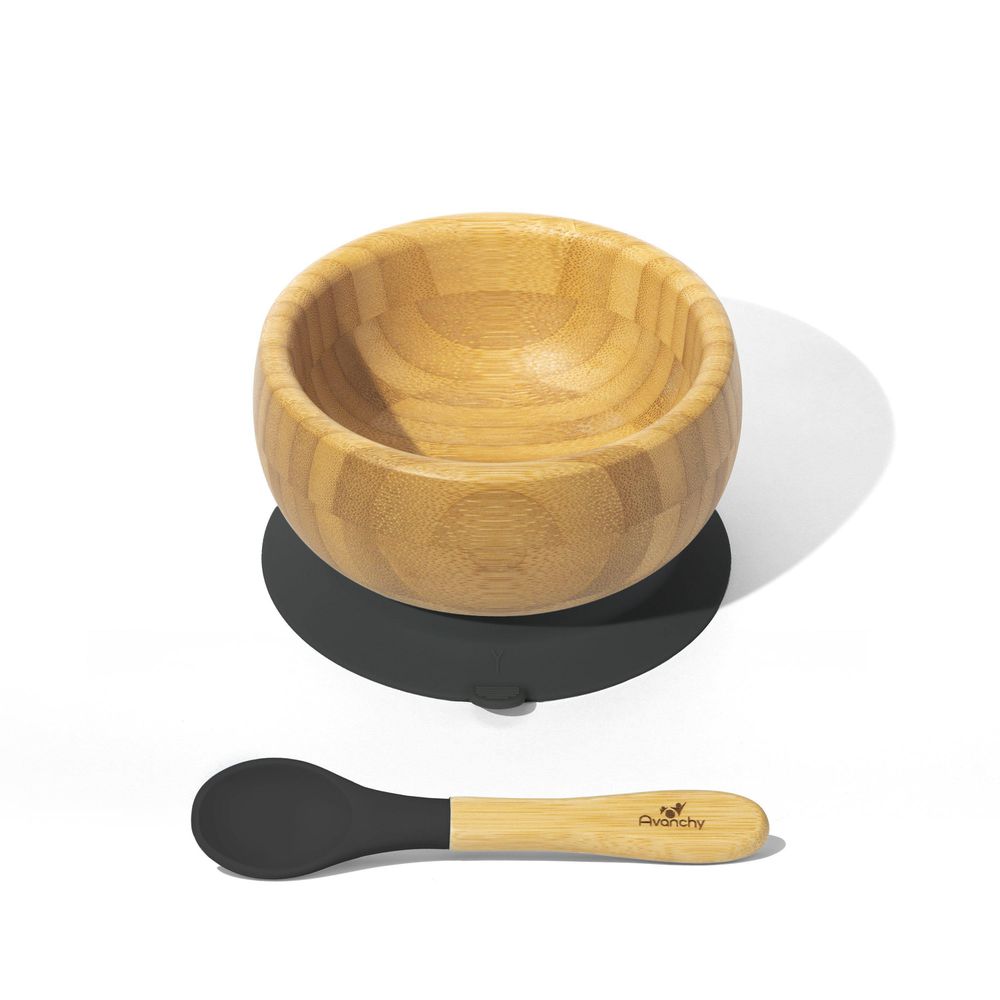Avanchy - 有機竹製吸盤式餐碗套裝-附有機竹製矽膠湯匙-短柄-黑