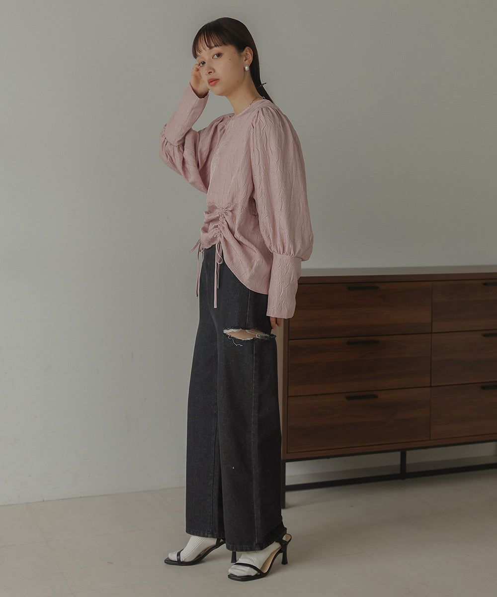 日本 Bab - 光澤感抽繩泡泡袖上衣-香檳