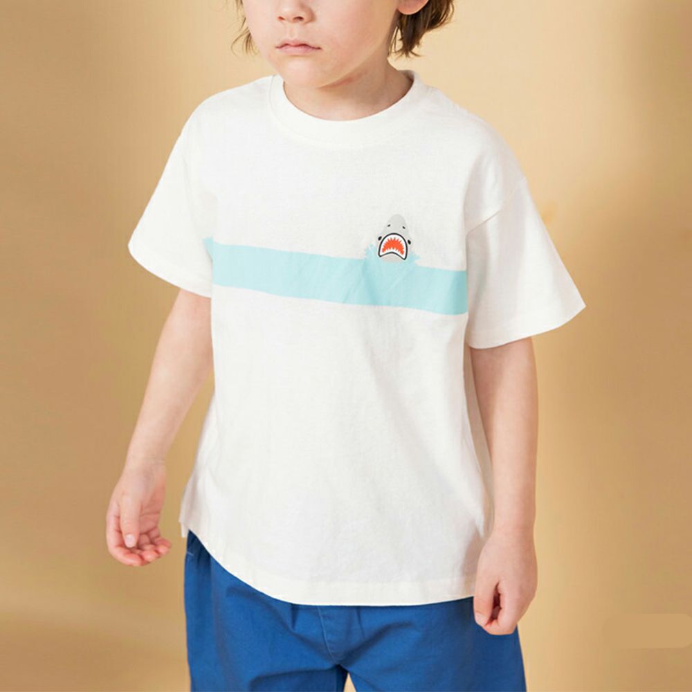 100%天竺棉清爽短袖上衣-胸口鯊魚-白