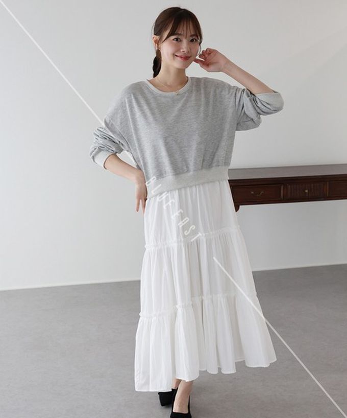 日本 BLUE EAST - 俏麗假二件分層澎盈長袖洋裝-淺灰 (M)