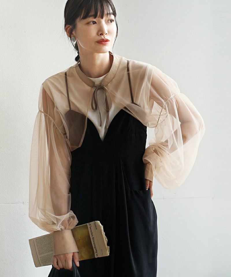 日本 zootie - 優雅透明薄紗綁帶長袖上衣-黑