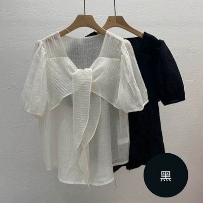 韓國女裝連線 - 綁帶點綴薄透紋理公主袖雪紡襯衫-黑 (FREE)