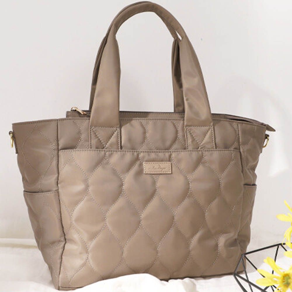 大容量12口袋絎縫防潑水媽媽包/側背包-卡其棕