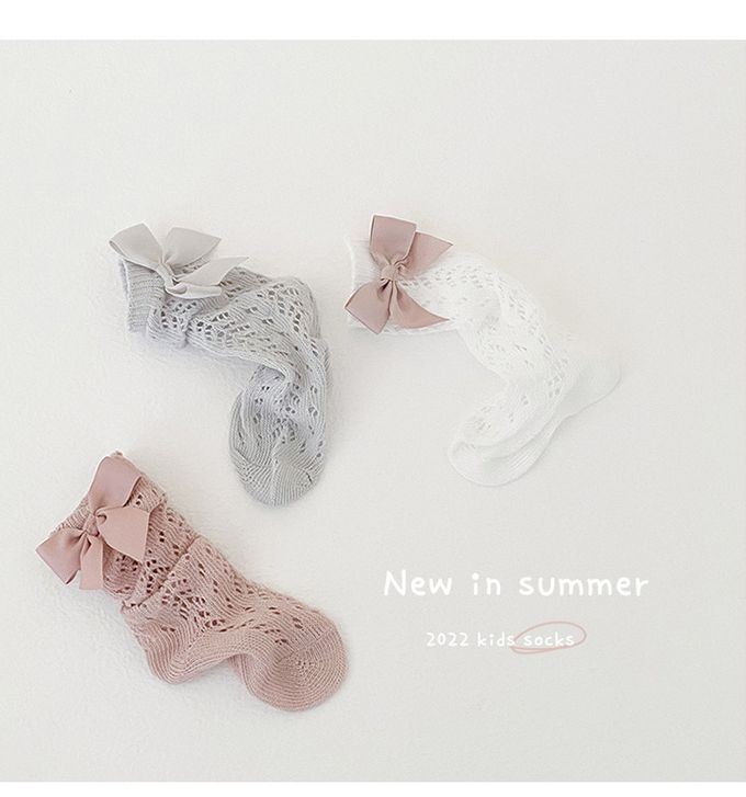 JB clothes - 三入一組-1102蝴蝶結網眼中筒襪-A款(黑白棕)