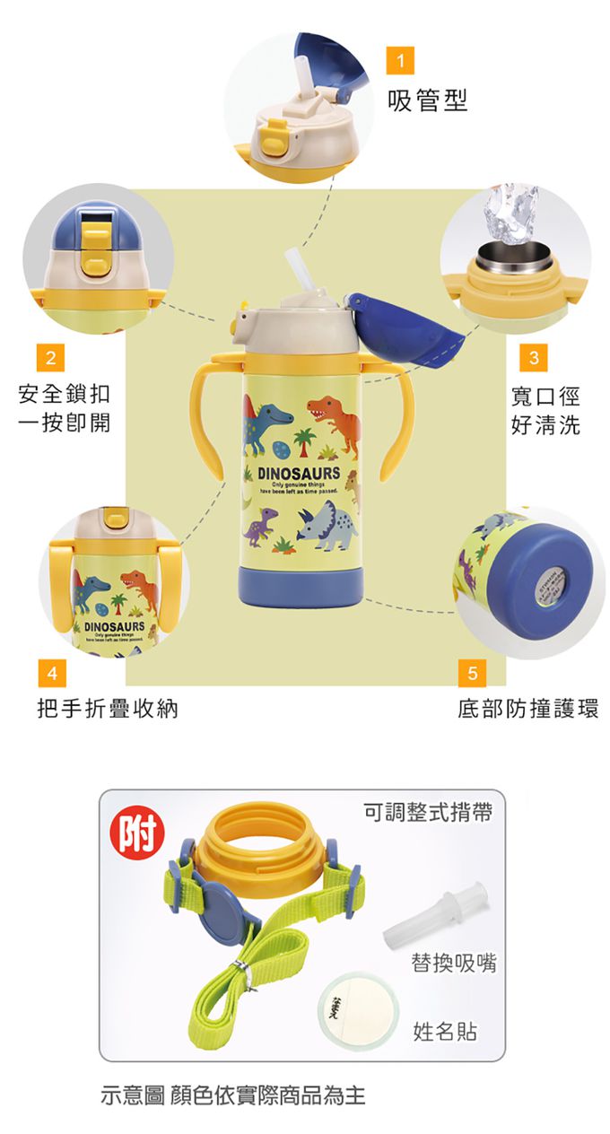 日本 SKATER - 吸管型不鏽鋼兩用杯-恐龍圖鑑-350ml