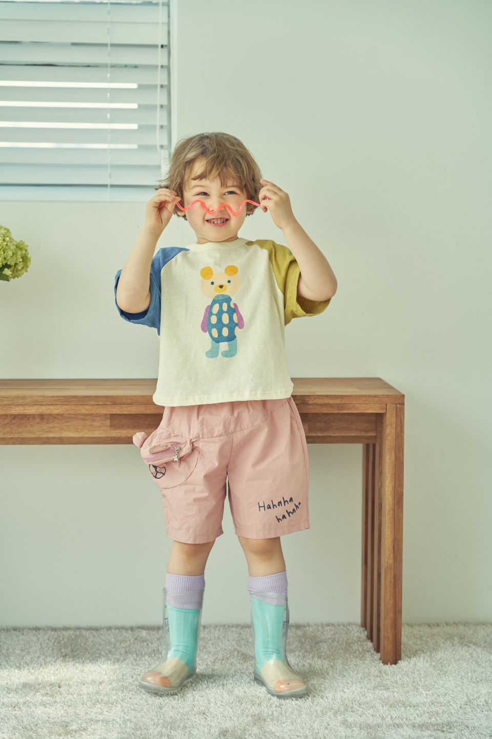 韓國 Mimico - 波波熊拼接色T-藍X褐