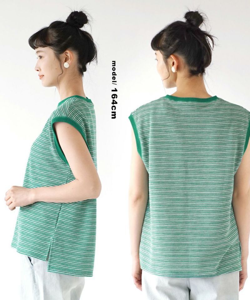 日本 zootie - 圓領修飾簡約編織無袖上衣-條紋-草綠