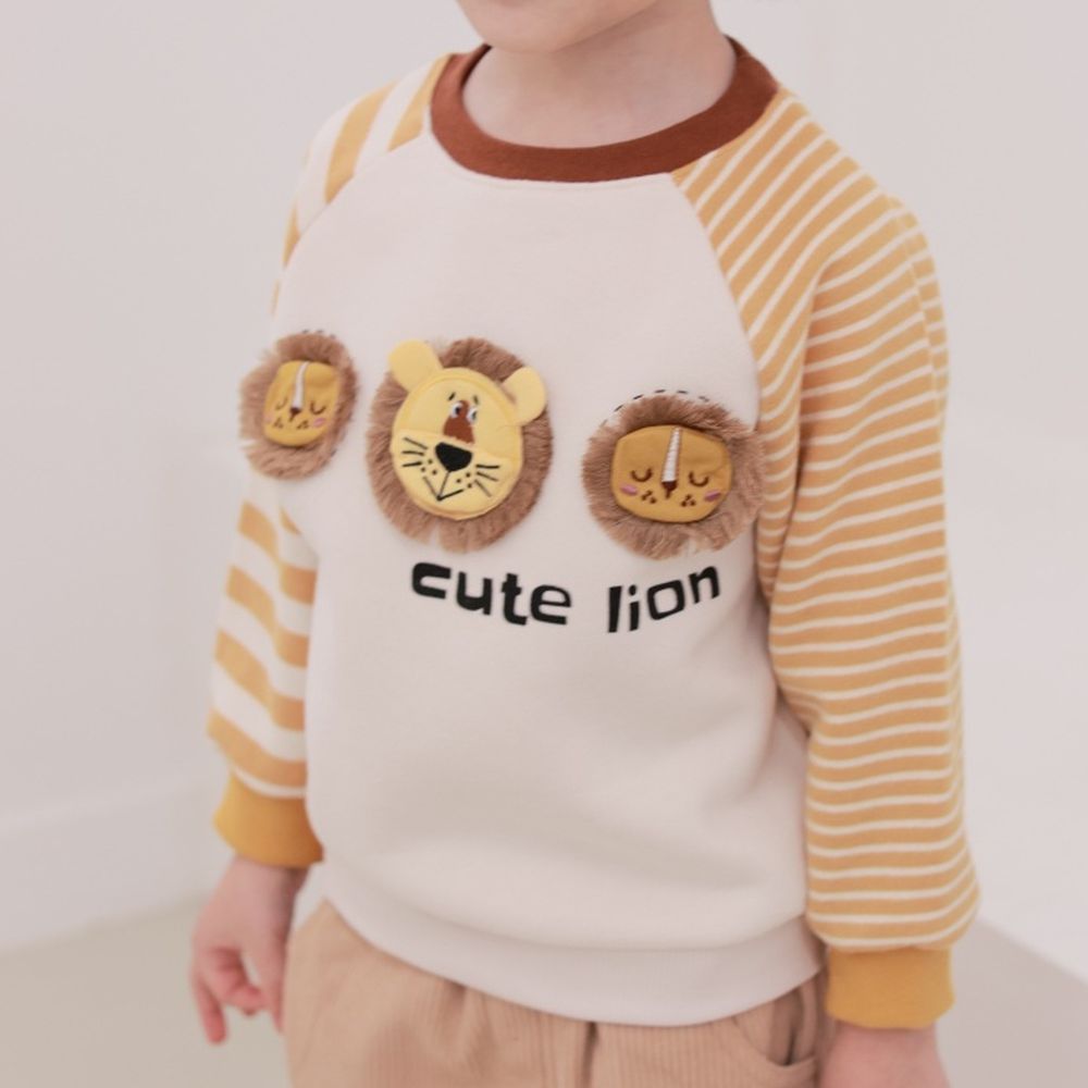 Coco rabbit (內磨毛)不對稱條紋長袖大學T-立體獅子-芥黃