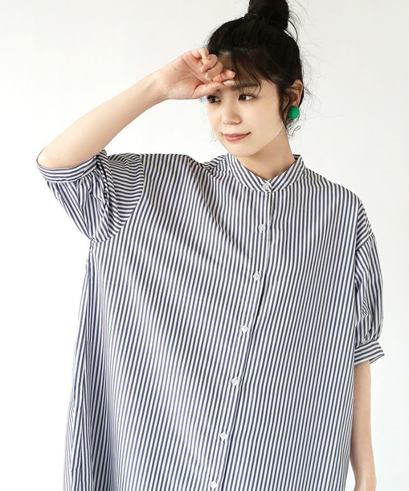 日本 zootie - 文藝感泡泡袖排釦魚尾洋裝-直條紋