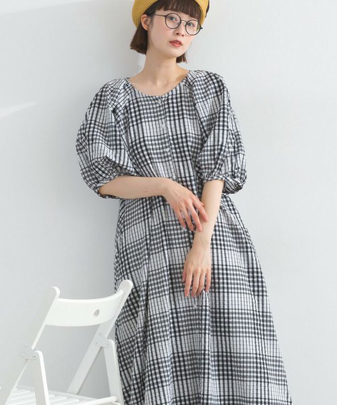 日本 Lupilien - 前後2way 印度棉泡泡袖輕盈洋裝-墨灰條紋