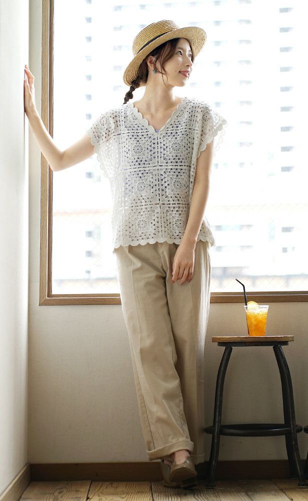 日本 zootie - 夏日清新雕花鉤針背心-白