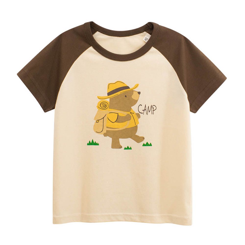 純棉短袖上衣-露營熊熊-米杏/咖啡