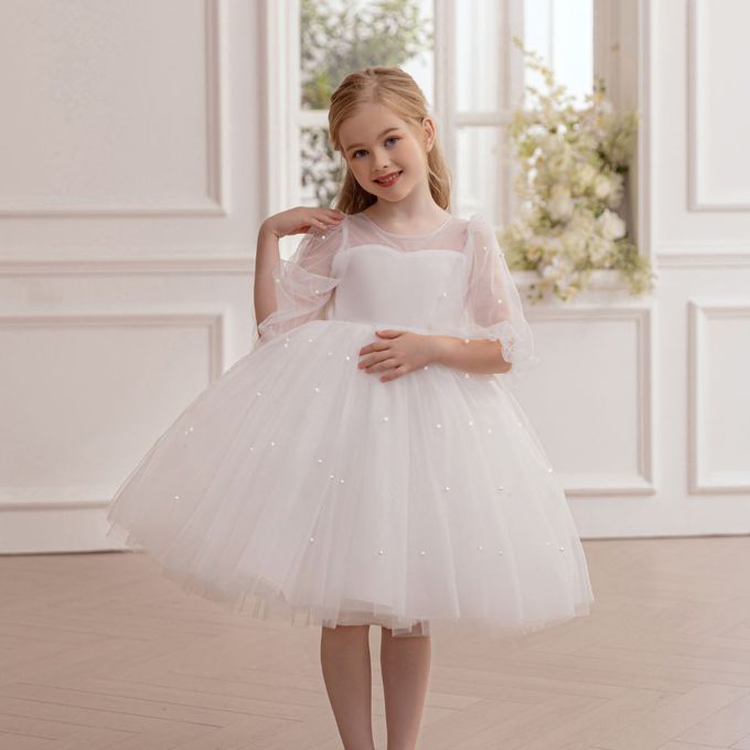 畢業典禮柔美釘珠七分袖純白紗小禮服