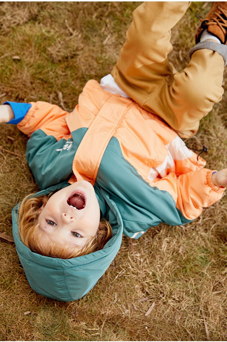 加厚連帽拼色羽絨外套-橘+綠