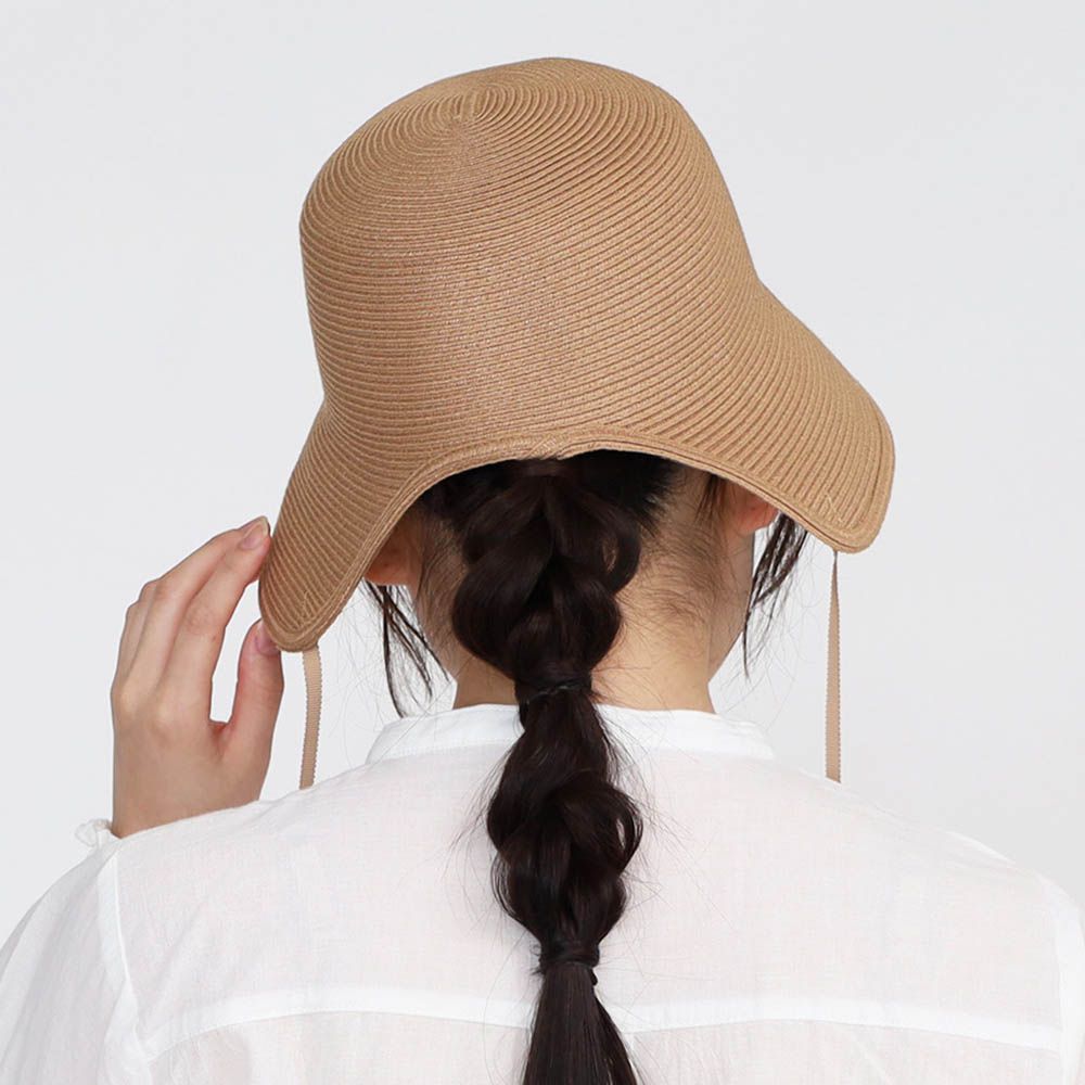 秀氣絲帶可翻摺編織遮陽帽-摩卡棕