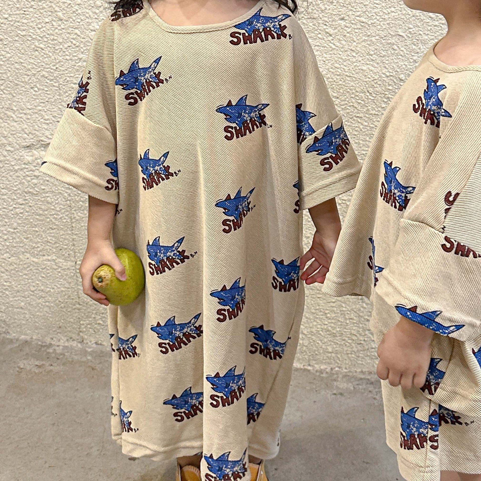 棉質圓領七分袖連身裙-鯊魚-卡其色