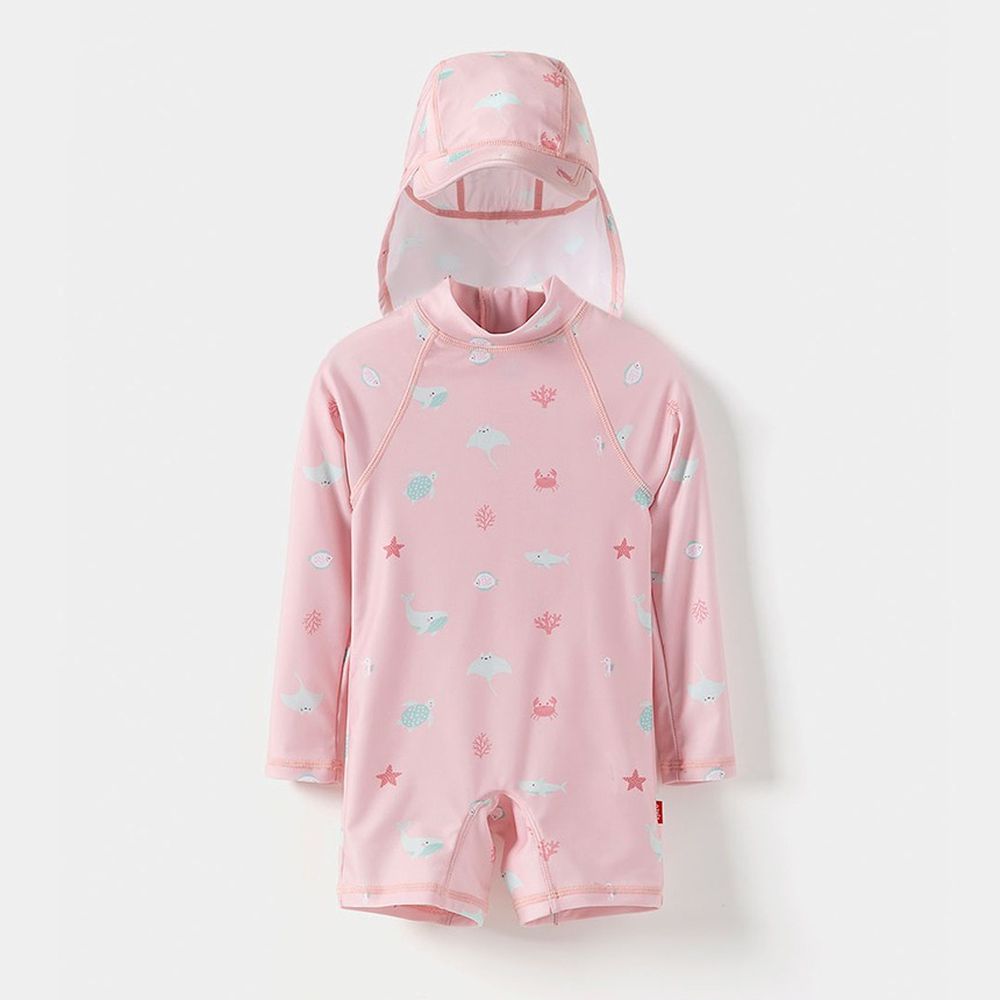 抗UV兒童連身泳裝/遮脖泳帽Set-萌萌海洋生物-粉