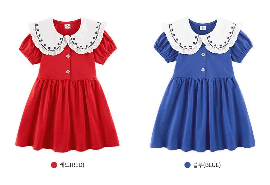 韓國 WALTON kids - 刺繡小花領洋裝-紅