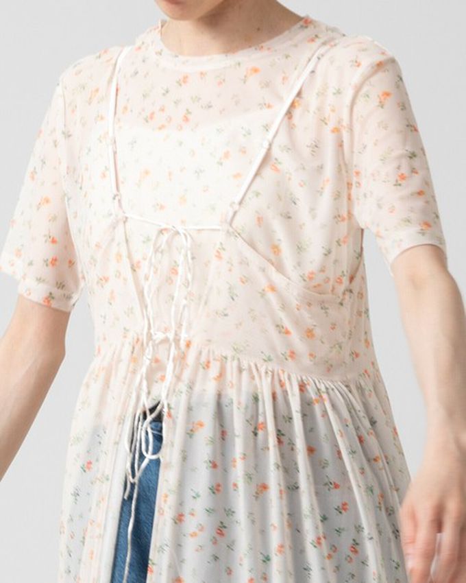 日本 gleam - 浪漫小花透膚薄紗短袖上衣-黑