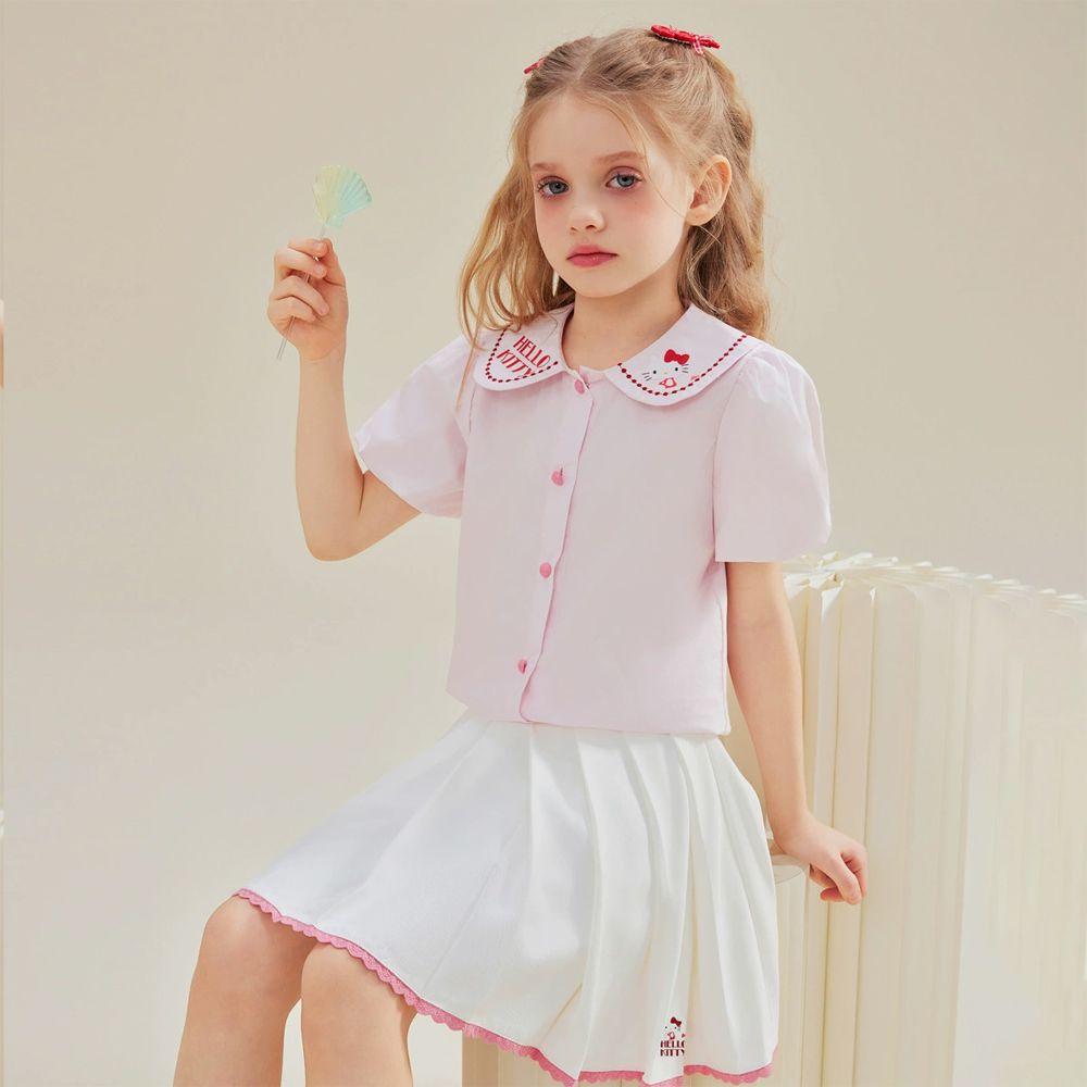 娃娃領短袖上衣+百褶短裙套裝-卡通人物Hello Kitty-粉色