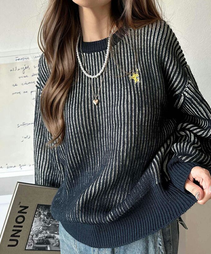 日本 Classical Elf - 刺繡logo 線條感針織長袖上衣-橘紅x米