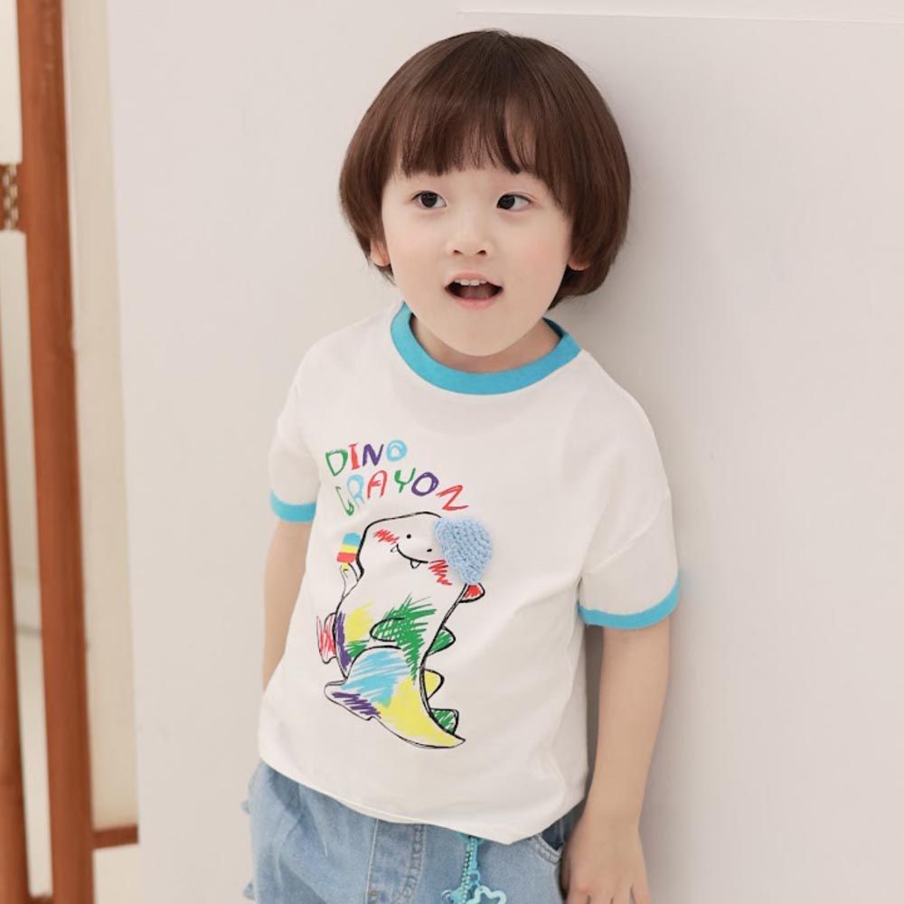 韓國 Coco rabbit - 蠟筆恐龍裝飾角短袖上衣-水藍