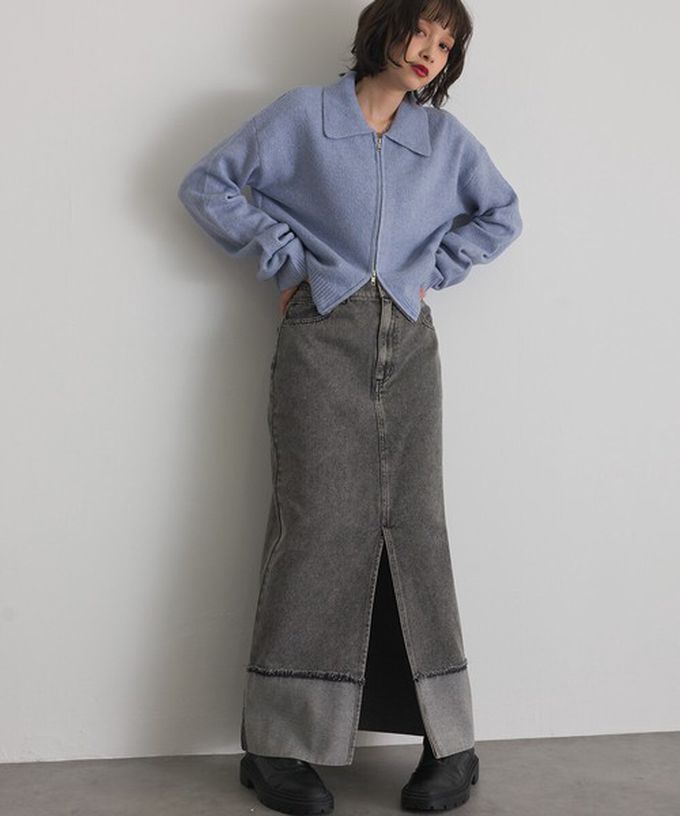 日本 ELENCARE DUE - 10oz抽鬚摺邊俐落前開叉牛仔長裙-黑