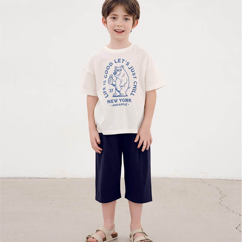 墨鏡熊純棉短袖上衣X七分褲套裝-米白X黑藍