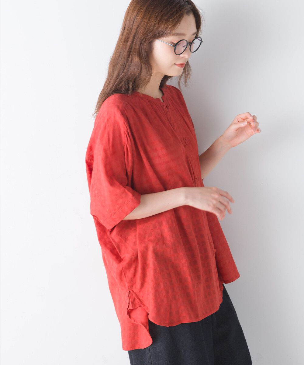 日本女裝代購 - 100%印度棉 透氣淺格紋短袖襯衫-活力紅