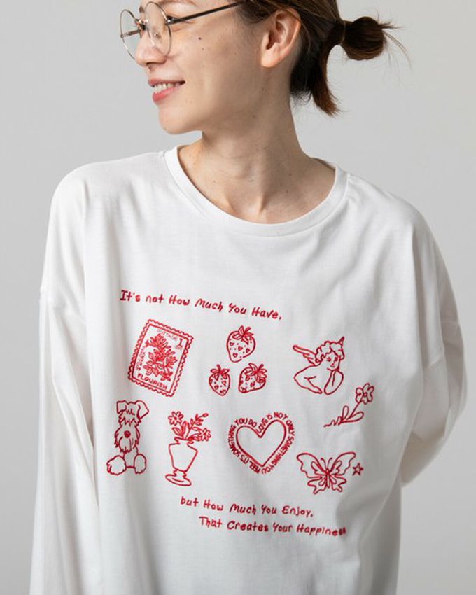 日本 gleam - 甜蜜刺繡印花休閒寬版長袖T恤-黑