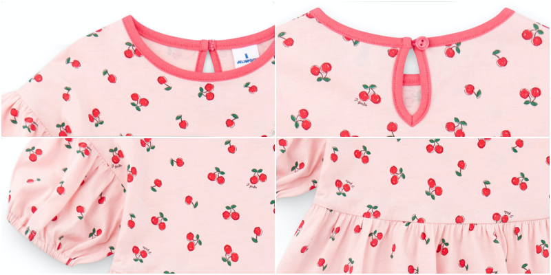 韓國 Jelispoon - 滿版櫻桃泡泡袖洋裝-象牙白