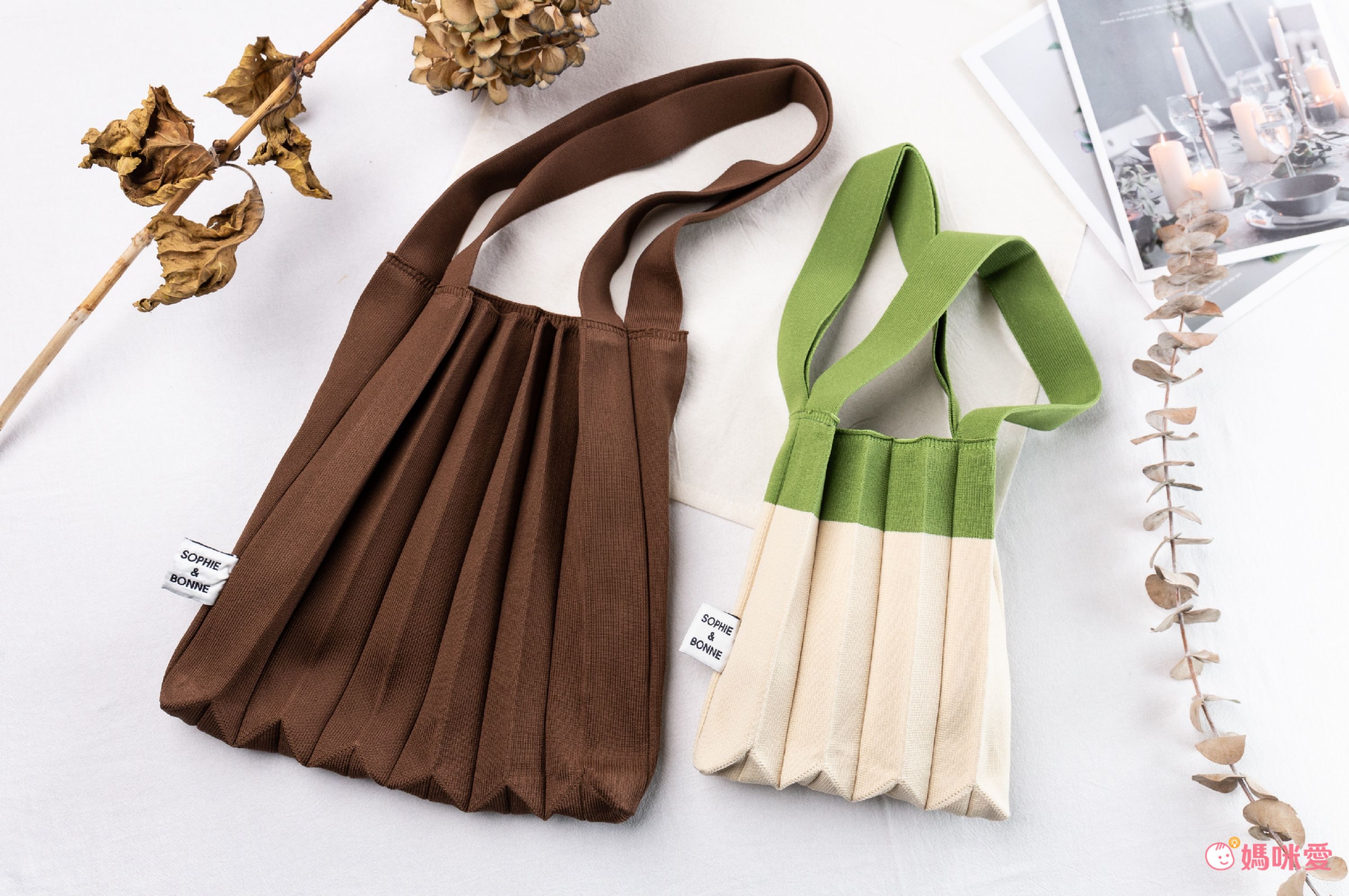 韓國 SOPHIENBONNE - 百褶彈性針織撞色手提/肩背包-咖X紅 (S)