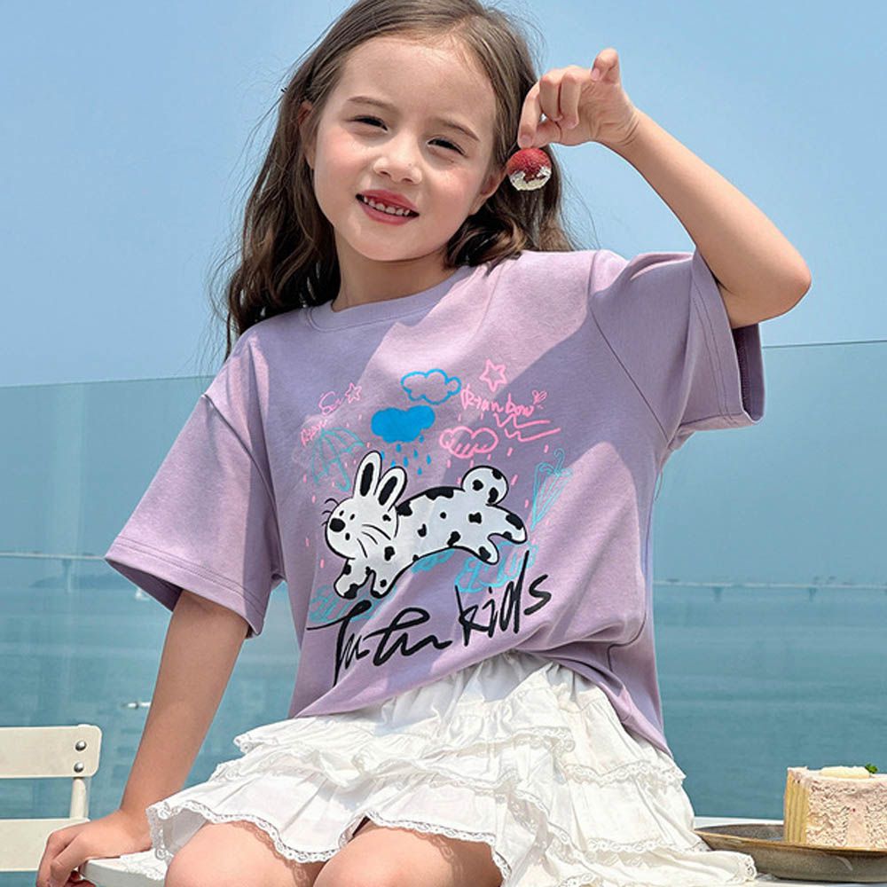 休閒圓領落肩短袖上衣/T恤-童趣萌繪-灰紫色