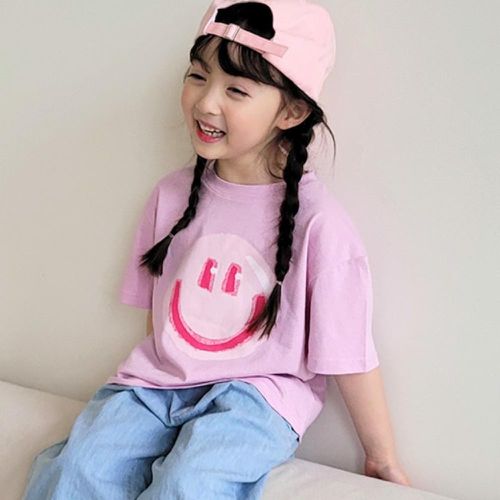 韓國 Peanuts House - 笑臉氣球短袖純棉上衣-粉紫