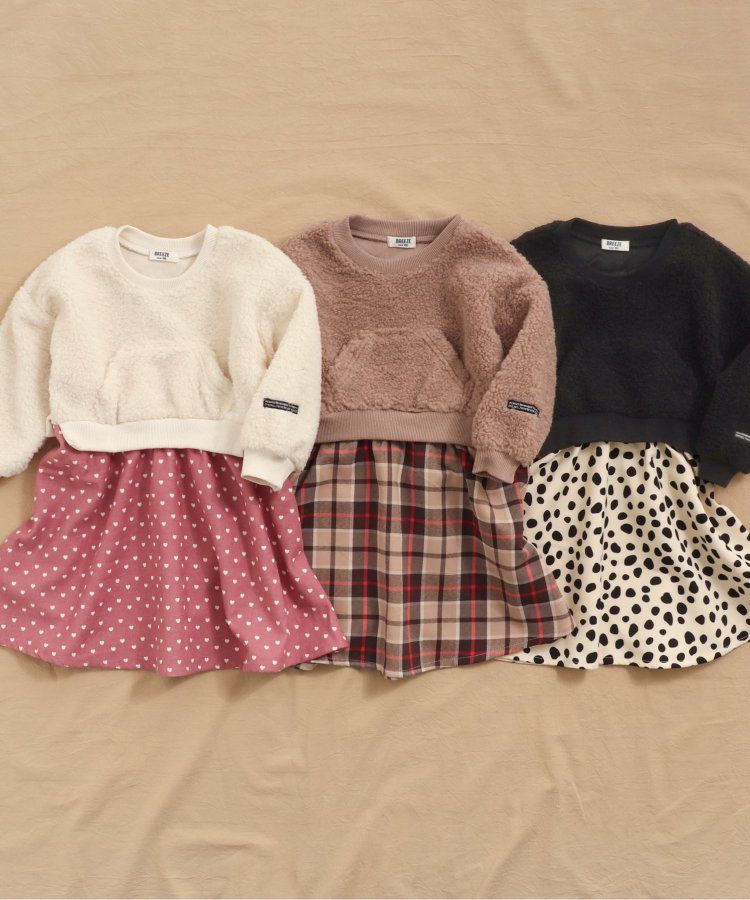 日本 BREEZE - 毛絨印花拼接長袖洋裝-黑x白斑點