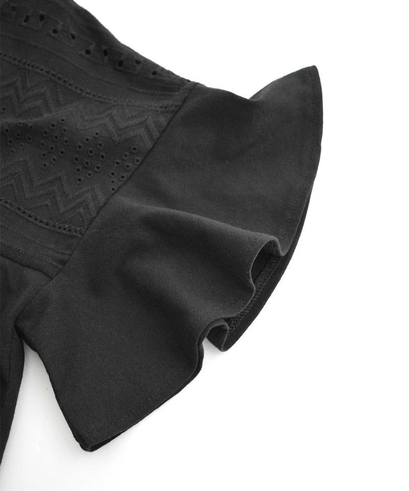 日本 zootie - 低調優雅蕾絲拼接荷葉短袖上衣-黑