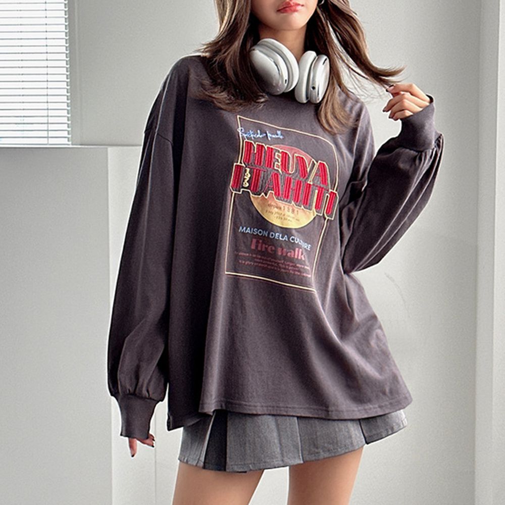 搖滾風美式印花休閒長袖上衣-炭灰 (F)