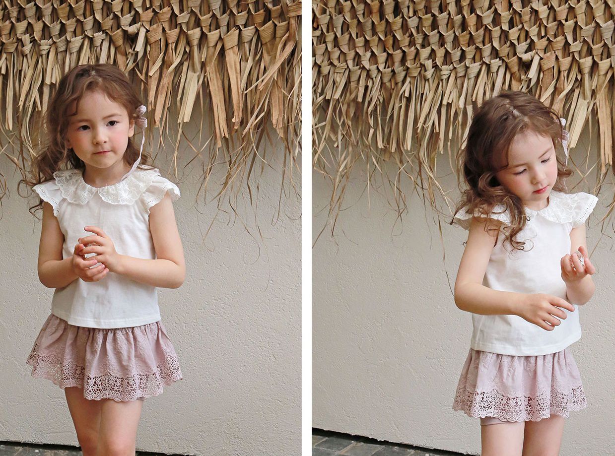 韓國 PuellaFLO - (剩9號)鏤空蕾絲領立體荷葉袖上衣-象牙白