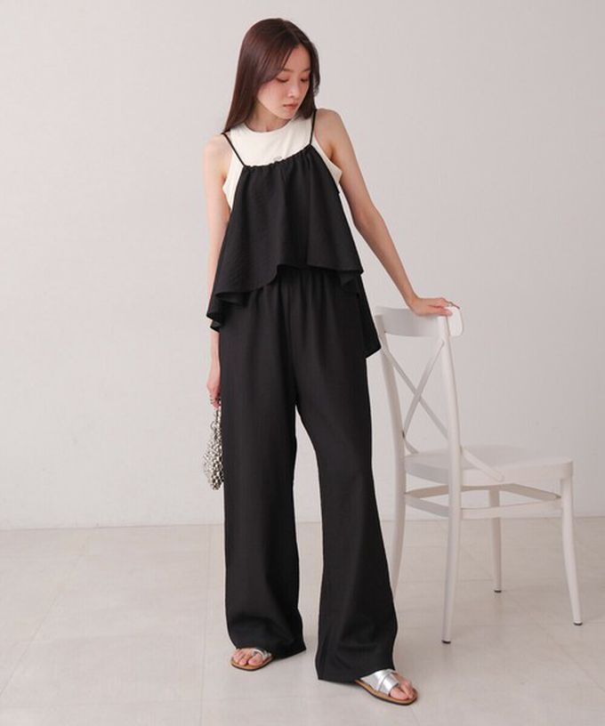 日本 Bab - 簡潔舒適混棉細肩帶長褲套裝-素面-經典黑 (M)