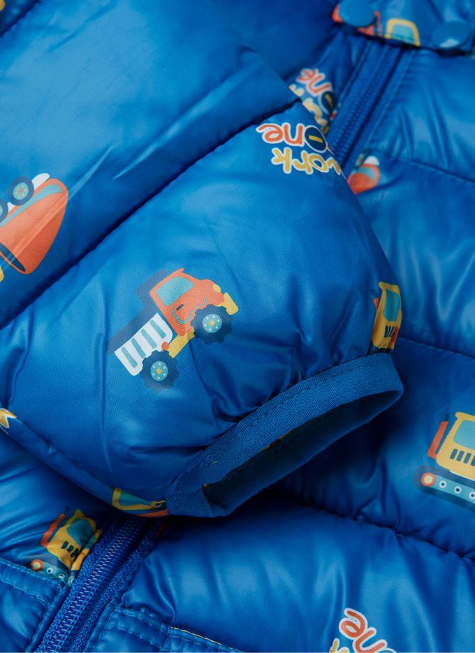 韓國 OZKIZ - 彩印車車連帽輕量保暖外套-藍